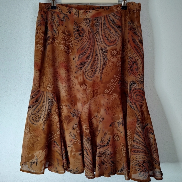 Hearts Of Palm Brown Paisley Fully Lined Elastic Sides Size 14 Midi Skirt - Picture 2 of 7